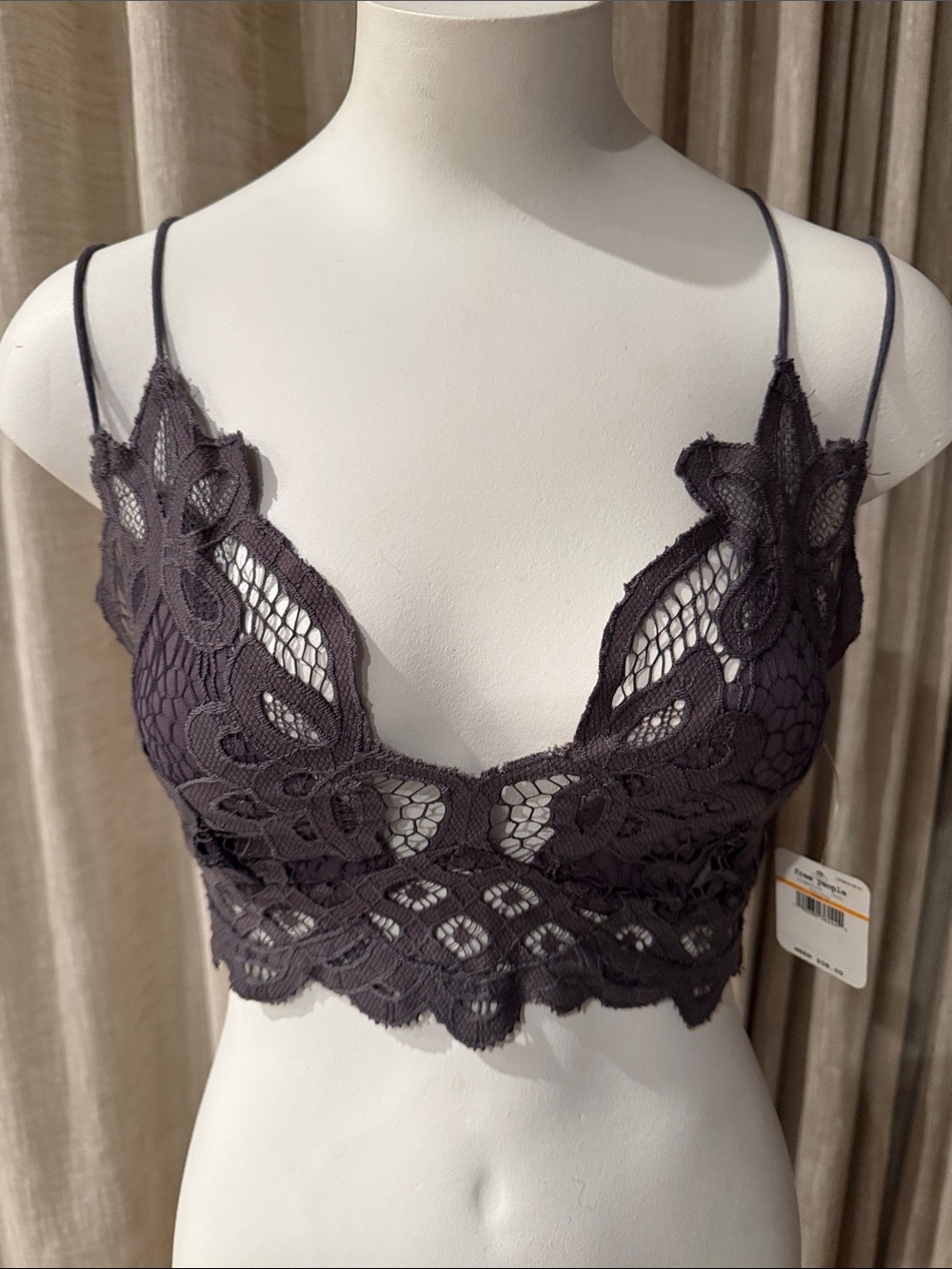 NWT Free People Dark Charcoal Lace Floral Bandeau Bralette Sz S